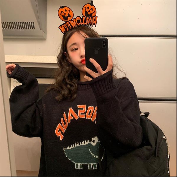

womens sweaters japanese vintage kawaii ulzzang loose dinosaur cartoon sweater female korean harajuku clothing for women, White;black