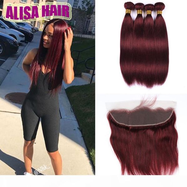 

wine red 99j straight hair bundles with lace frontal closure brazilian burgundy virgin human hair weaves with ear to ear lace 13x4 frontal, Black;brown