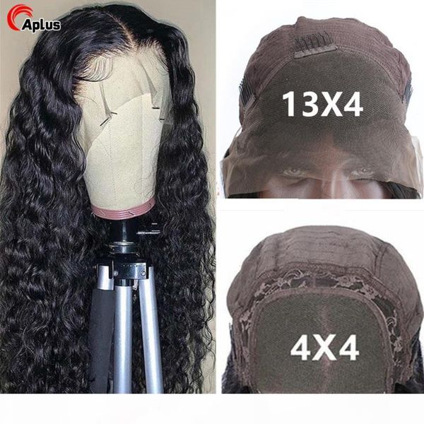 

4x4 water wave lace closure wigs preplucked brazilian 13x4 lace frontal wig water wave curly human hair wig for black women, Black;brown