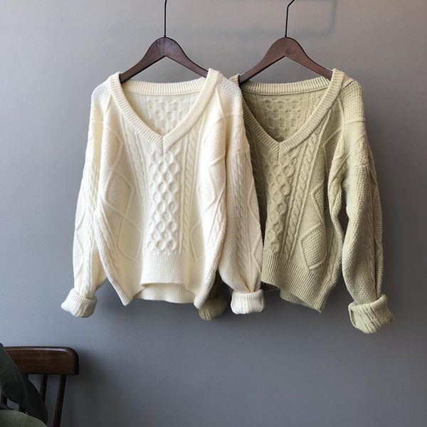 

2021 autumn v-neck knitted long sleeve loose style women warm sweater pure color winter pullovers pull femme, White;black