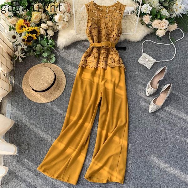 

women's jumpsuits & rompers gaganight elegant women lace hollow out jumpsuit sleeveless office lady patchwork slim female with sash wid, Black;white