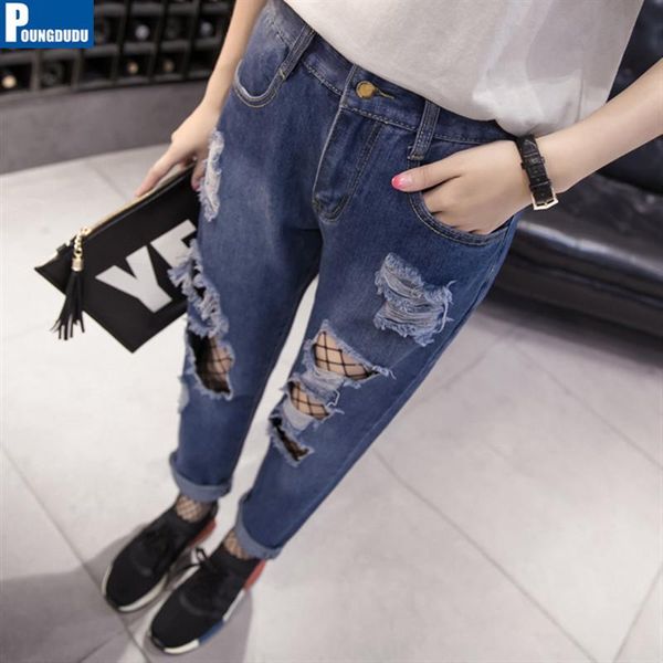 

poungdudu 2021 spring ripped jeans for women oversize jeans woman pants female harem trousers casual high waist 100 kg wearable, Blue