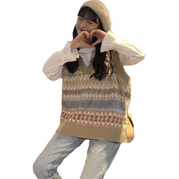 

2021 new women's autumn spring knitted vest vintage printing sleeveless female vests v neck korean style woman clothing ky64, White;black