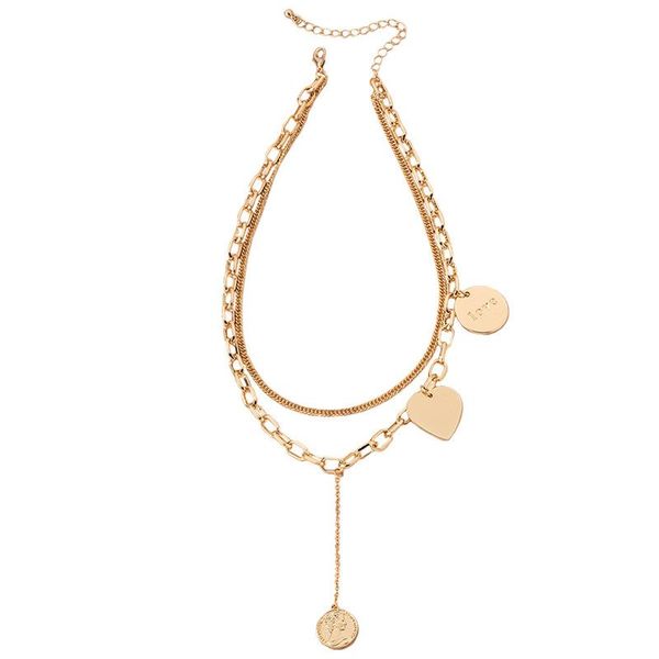 

2021 ins gold chain double layers love letters heart coin pendant choker necklace korean fashion party jewelry, Golden;silver
