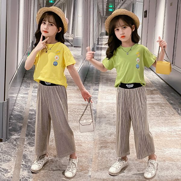 

2021 cuhk childeren's clothes for girls summer new smiling face daisy pattern t-shirt short sleeve chiffon+cotton wide leg pants f94i, White