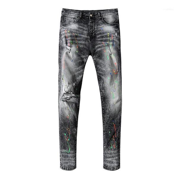 

men's male trousers street fashion black gray ripped jeans ink-splashing stretch slim-fit high-end denim pants1, Blue