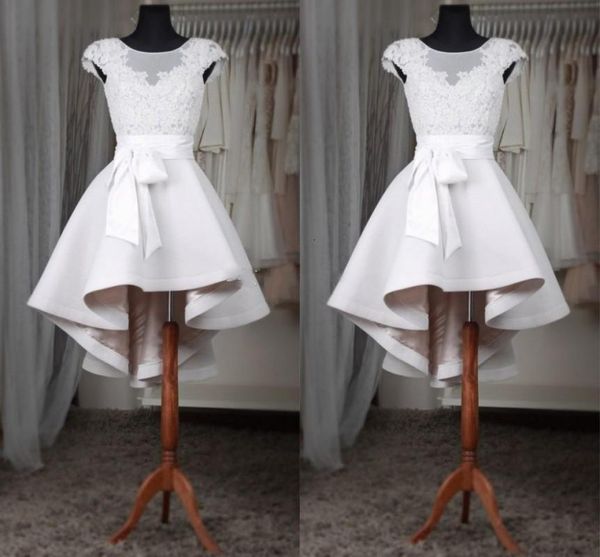 

vintage short wedding dresses a line 2021 scoop neck lace applique high low custom made cap sleeves wedding bridal gown sash robe de mariee, White