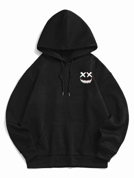 

romwe guys graphic drawstring pocket hoodie 46pf#, Black