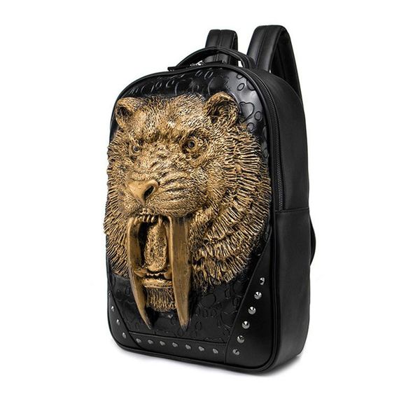 

backpack fashion men's black/gold/silver 3d king lion tiger retro leather rivet pu travel back pack bag punk male laptop