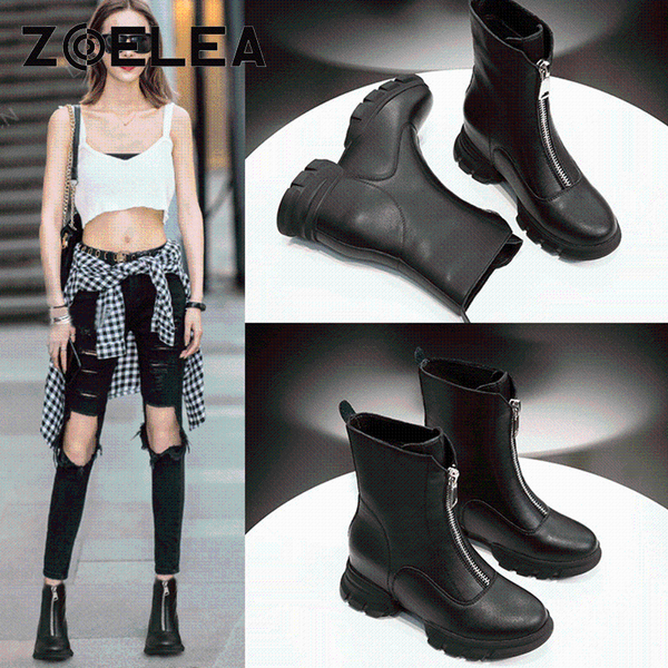 

boots 2021 women genuine leather internal increase 7cm women's shoes zip ankle platform casual, Black