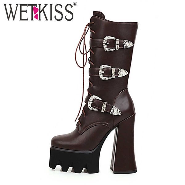 

wetkiss super high heels boots women metal buckle block heel short boot thick platform winter boots motorcycle square toe shoes 210630, Black