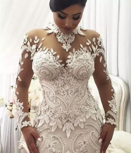 

2021 new mermaid es nigeria high neck full back dubai arabic castle bridal gowns plus size long sleeve wedding qy1t, White