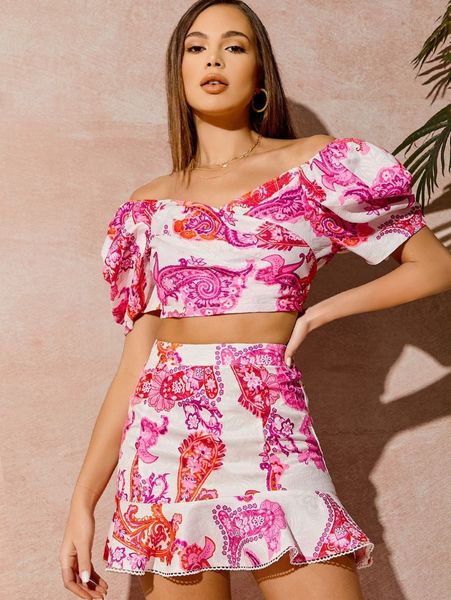 

off shoulder jacquard & ruffle hem skirt set 55c0#, White