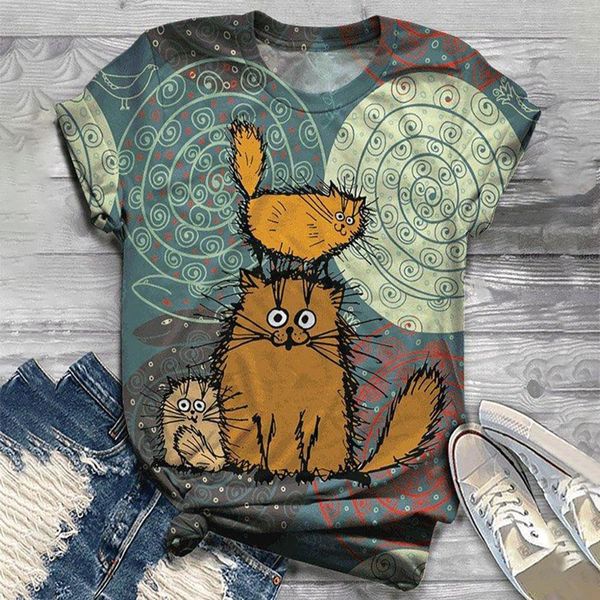 

vintage shirts women blouses 2021 plus size women short sleeve 3d cat printed o neck shirt blouse women camisas grils, White