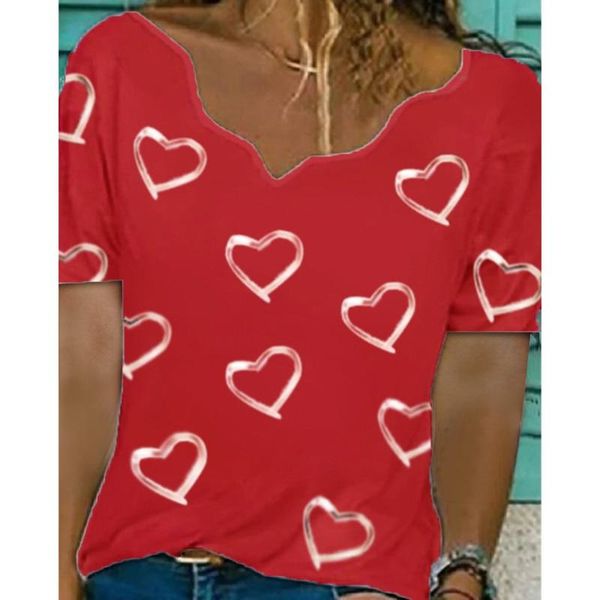 

women's t-shirt hearts print women blouse asymmetrical neck short sleeve pullover summer elegant ladies shirts blusas, White