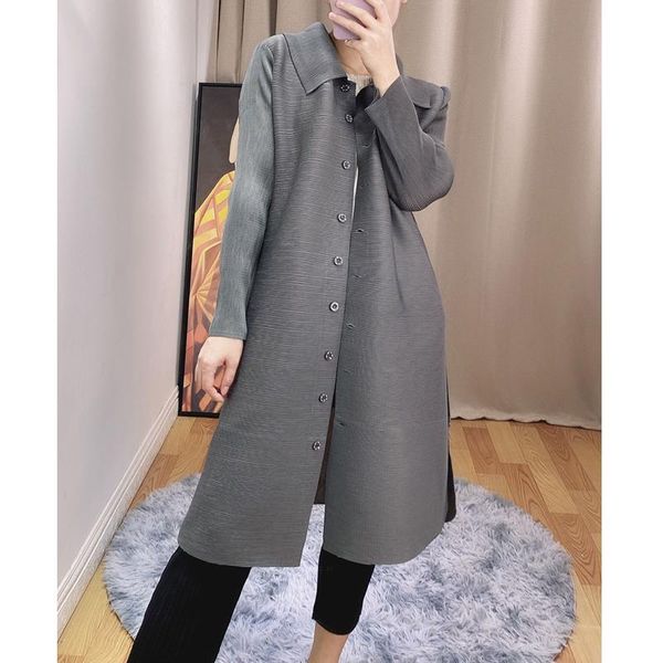 

women's trench coats changpleat 2021 autumn single breasted coat miyak pleated lapel long sleeves loose large size female tide t8678, Tan;black