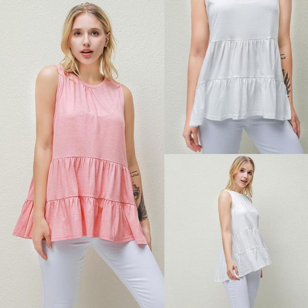 

women's t-shirt fashion summer sleeveless ruffles casual o neck pleated patchwork female solid loose holiday shirts tees, White