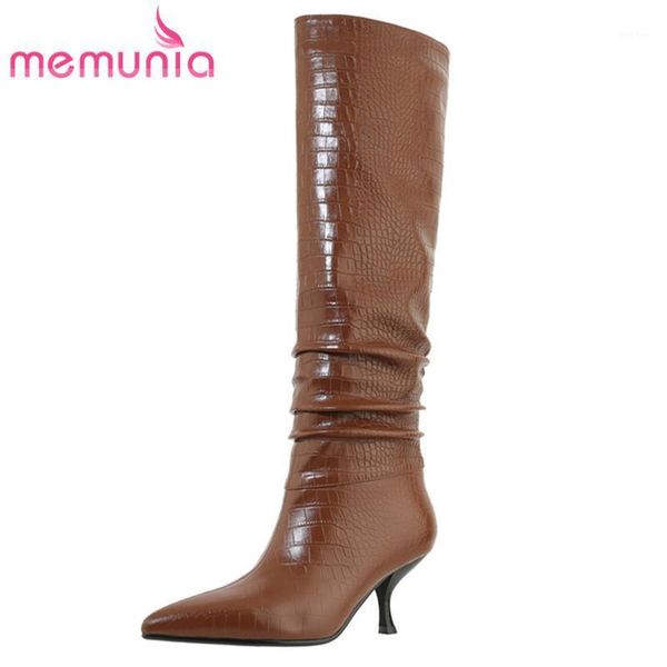 

boots memunia 2021 arrive knee high women thin heel party shoes pointed toe pleated autumn winter long woman1, Black