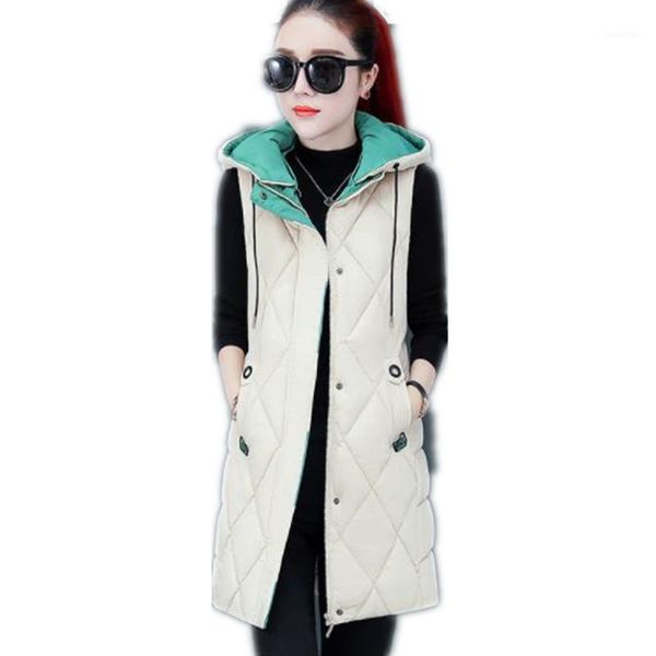 

2019office lady women vest autumn winter down cotton waistcoat hooded slim medium-long warm zipper vest mujer plus size 4xl m0621, Black;white