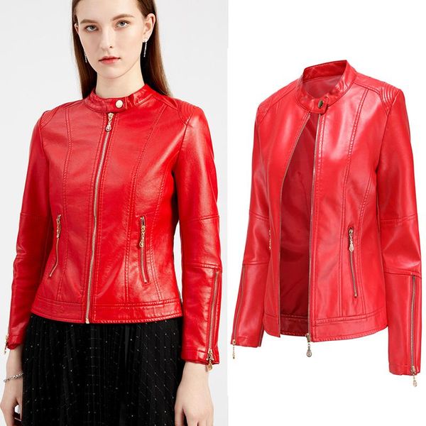 

women's leather & faux fashion 2021 short pu jacket women zipper spring autumn coat long sleeve slim casual stand collar, Black