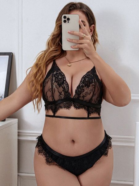 

plus floral lace scallop trim lingerie set 17zu#, Black;white
