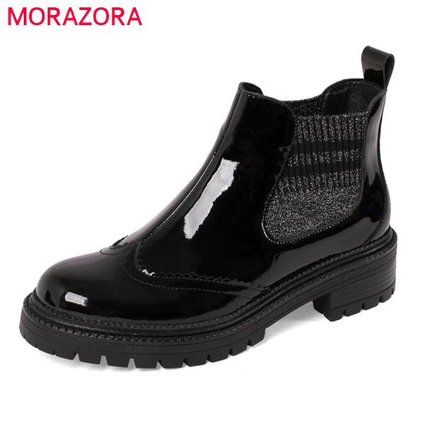 

boots morazora 2021 arrive patent leather casual shoes women knitting stretch slip on winter ankle, Black