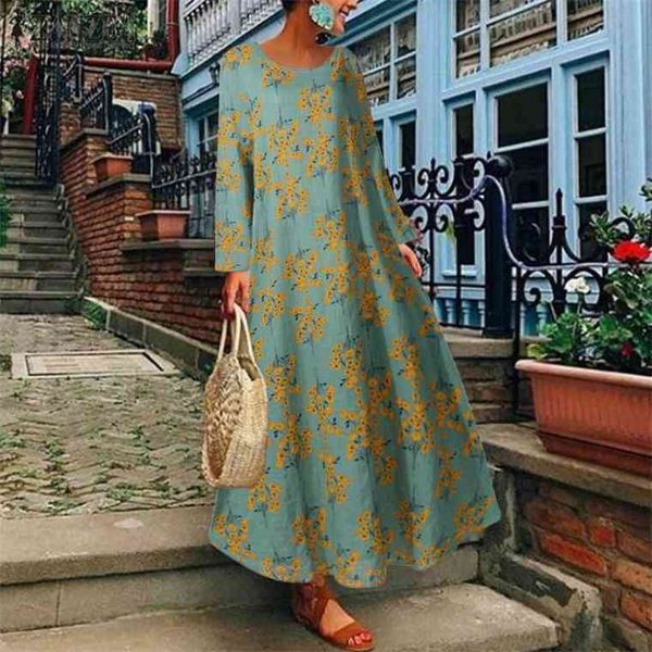 

2021 autumn floral printed sundress zanzea women long sleeve dress vintage casual bohemian party maxi vestido female robe kaftan, Black;gray