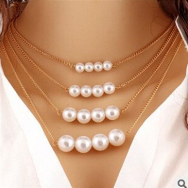 

chains korean golden chain multi-layer simulated pearls necklaces for women wedding party lady collar decoration choker, Silver