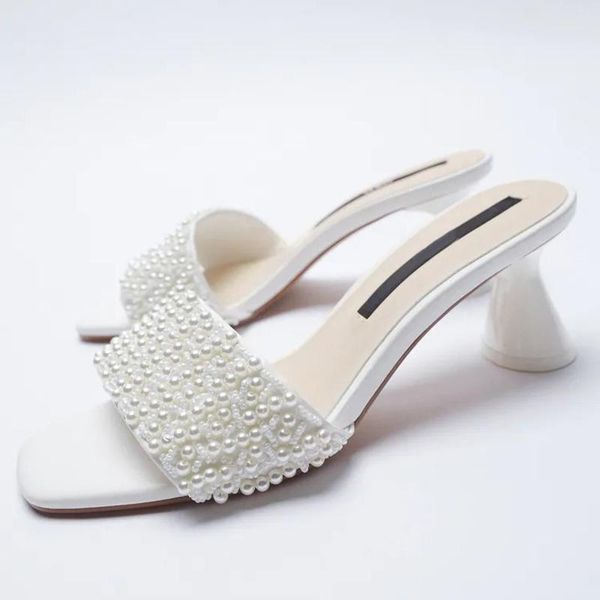 

slippers elegant white handmade pearl sandals women's 2021 summer high heeled thick heel open toe dress half sandalias, Black