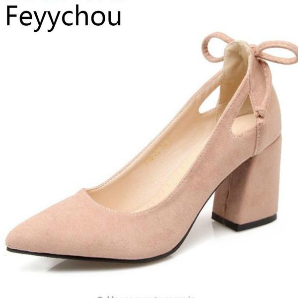 

dress shoes women pumps thick heel female pointed toe high heels bow ladies party slip on black pink beige plus size 34-43