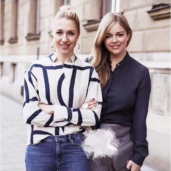 

womens shirt spring 2021 new irregular geometric pattern loose printed silk shirt turn down collar long sleeve office lady full, White