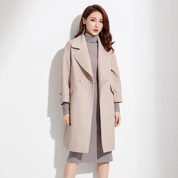 

women's wool & blends winter dress suit brought wide pure color female nine points sleeve type cocoon cloth coat, Black