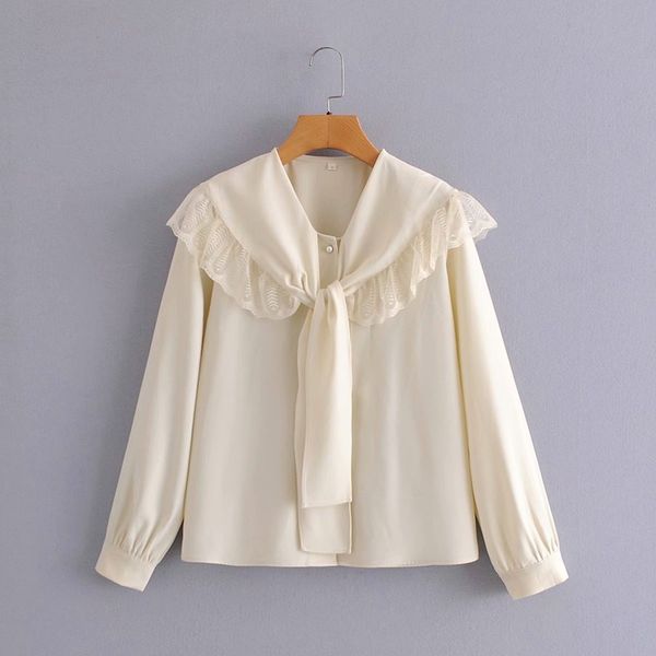 

2021 new fashion women's simple casual lace big lace streamer shirt size -l, White