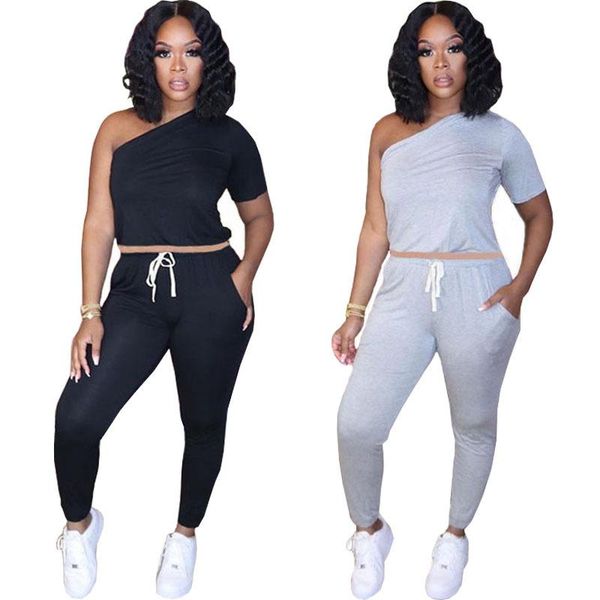 

women two piece set tracksuit outfit summer solid one shoulder tee legging jogger pants suit matching set, Gray