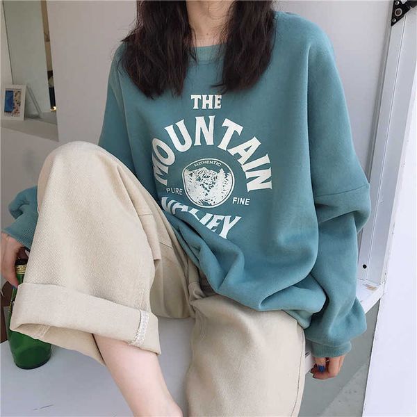 

autumn fashion casual female plus velvet thick sweatshirt korean ins harajuku vintage bf fun letters chic 210608, Black