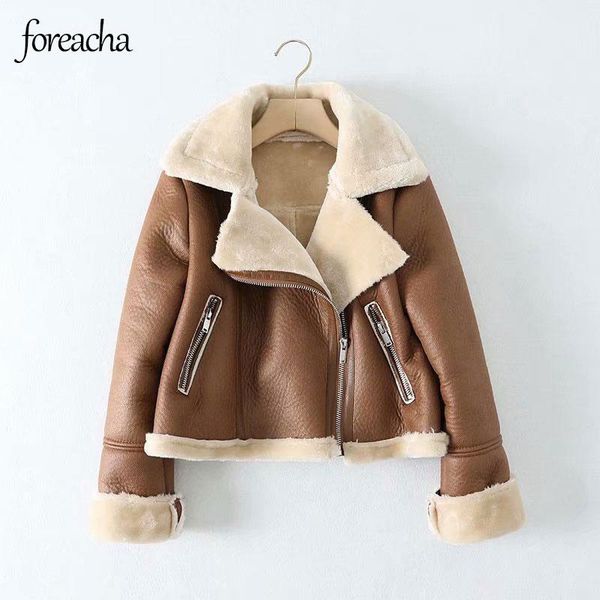 

women's leather & faux foreach high-quality 2021 winter jacket women turnover collar zipper short outwear plus velvet thick wild, Black