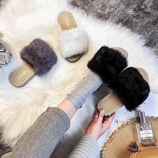 

slippers shoes woman's low slides big size fur flip flops 2021 flat plush rome fabric pu basic hoof heels rubber, Black