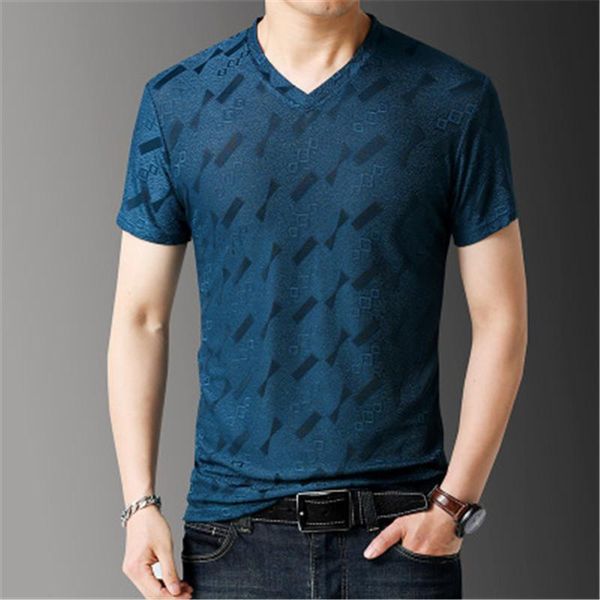 

jacquard cutout v neck mens tshirt elasticity casual summer male fashion trend new loose breathable cool ice silk slim tee, White;black
