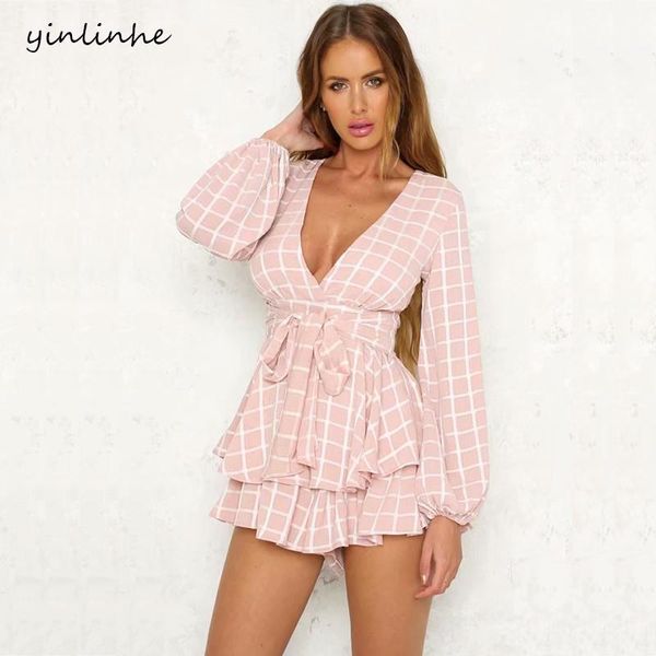 

women's jumpsuits & rompers yinlinhe plaid pink summer playsuit overalls women long sleeve v neck short jumpsuit white elegant ruffle 3, Black;white