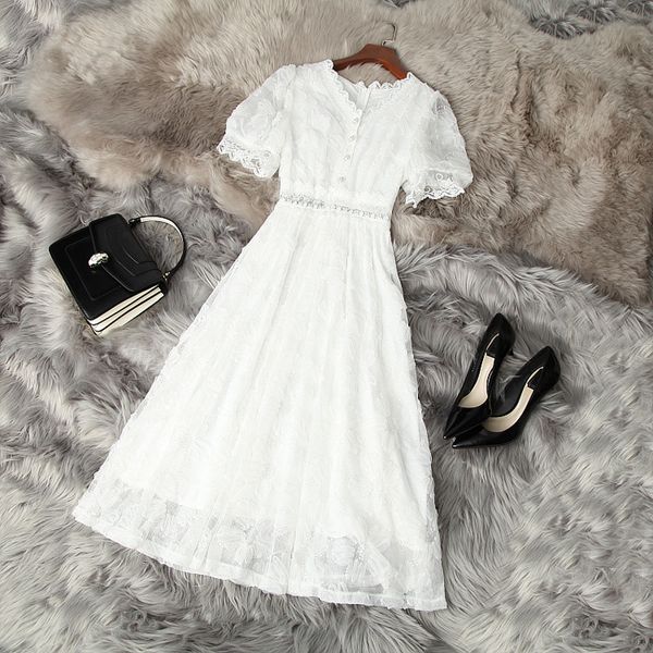 

2021 summer short sleeve v neck white floral tulle panelled sequins 3d flowers single-breasted dress elegant casual dresses 21l1712388, Black;gray