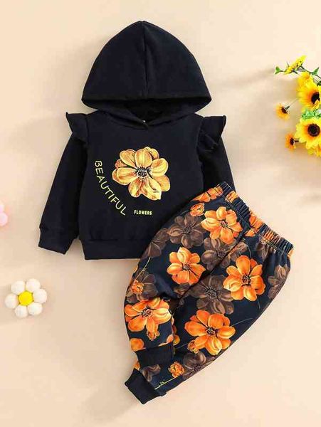 

baby letter and floral print ruffle trim hoodie & sweatpants she, White