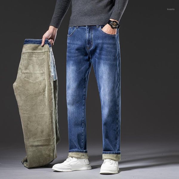 

men's jeans big size 44 46 winter thermal warm flannel stretch mens brand fleece pants men straight flocking thick trousers male, Blue