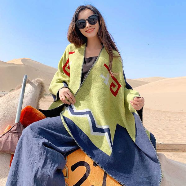 

ethnic style qinghai lake tourism po split cape scarf female versatile geometric pattern, Blue;gray