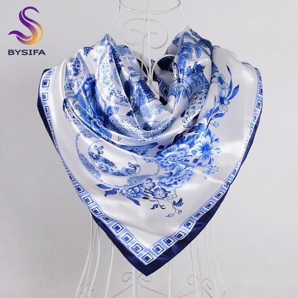 

scarves [bysifa] chinese pink peony women satin silk scarf cape 2021 navy blue elegant ladies neck head spring autumn, Blue;gray