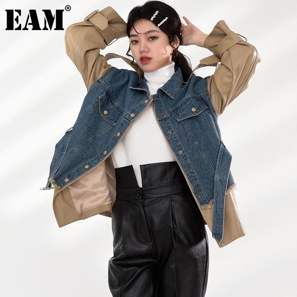

women's jackets [eam] loose khaki denim pu leather big size jacket lapel long sleeve women coat fashion spring autumn 2021 1k92201, Black;brown