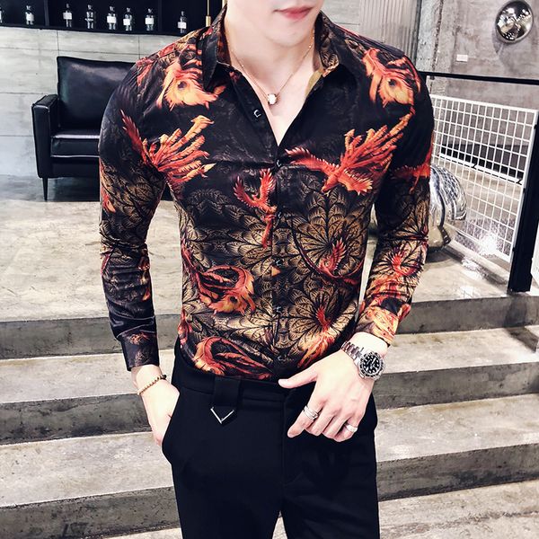 

mens vintage printed shirts new fashion long sleeve dress shirts slim fit autumn shirts male, White;black
