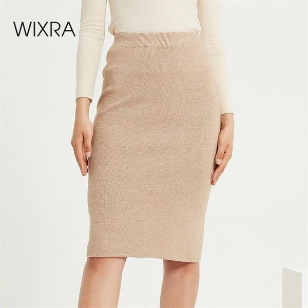 Wixra womens de malha saia reta sólida senhoras básicas cintura alta joelho saia streetwear outono inverno 210629