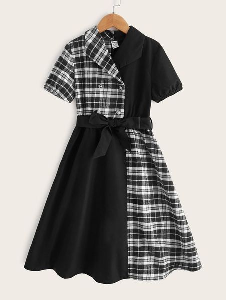 

girls plaid colorblock graphic double button belted dress she, Red;yellow