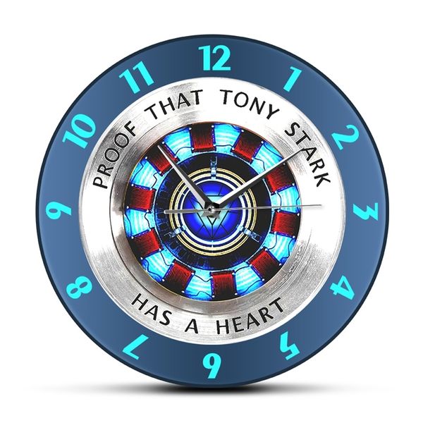 Доказательство того, что Тони Старк имеет сердечную дуговую реактор настенные часы супергероя современный висит настенные часы кинотехника часы домашнего декора стены искусства 210310