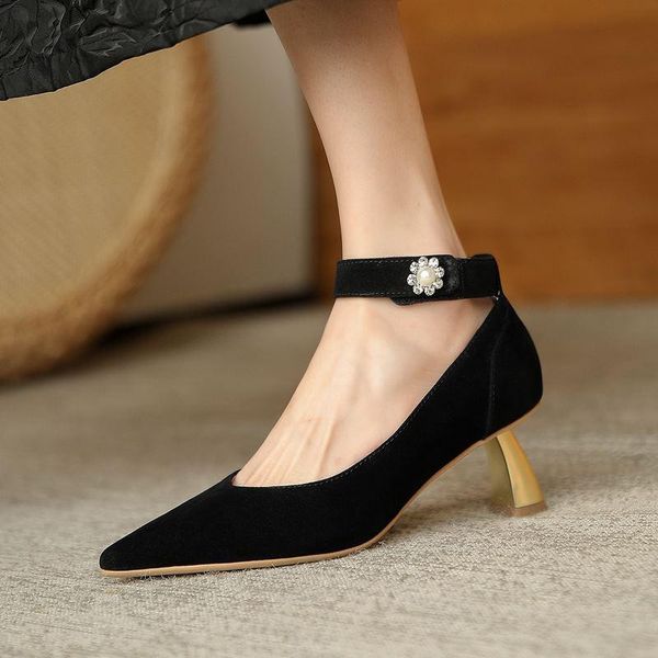

dress shoes golden heel design sheepskin suede soft genuine leather high heels street fashion women, Black
